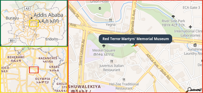 Map showing the address of Red Terror Martyrs' Memorial Museum in three different zoom levels.