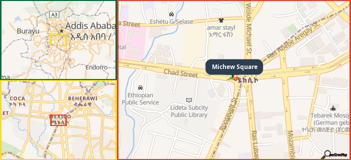 Map showing the address of Michew Square in three different zoom levels.