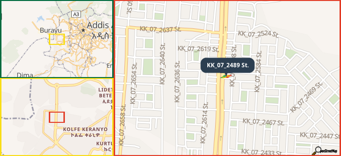 Map showing the address of KK_07_2489 St. in three different zoom levels.