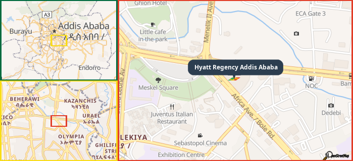 Map showing the address of Hyatt Regency Addis Ababa in three different zoom levels.