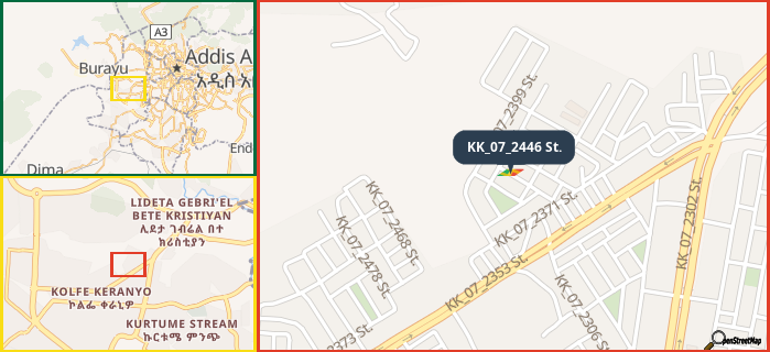 Map showing the address of KK_07_2446 St. in three different zoom levels.