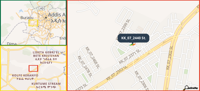 Map showing the address of KK_07_2440 St. in three different zoom levels.