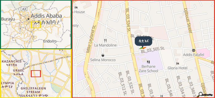 Map showing the address of ሲቲ አና in three different zoom levels.