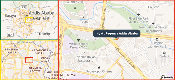Map showing the address of Hyatt Regency Addis Ababa in three different zoom levels.