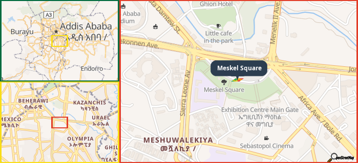 Map showing the address of Meskel Square in three different zoom levels.