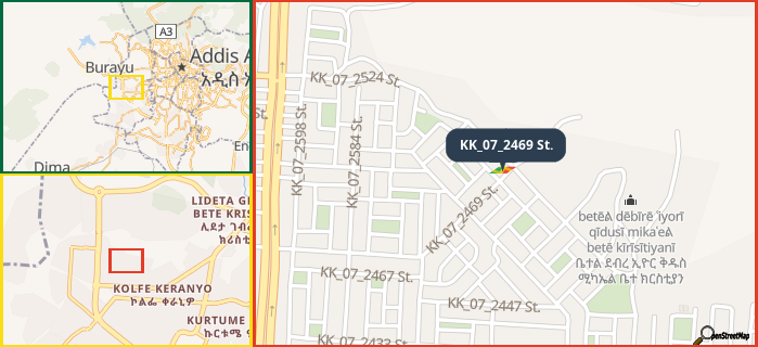 Map showing the address of KK_07_2469 St. in three different zoom levels.