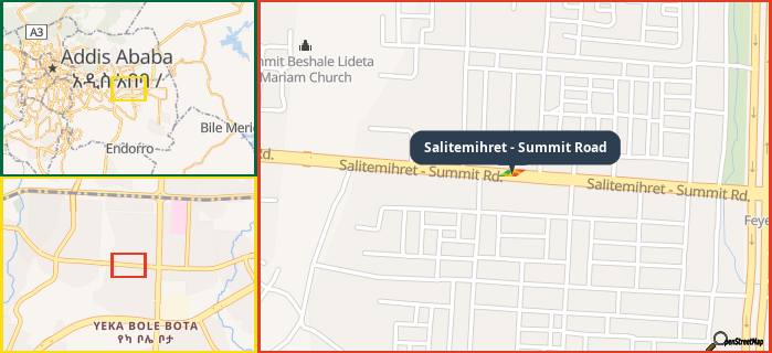 Map showing the address of Salitemihret - Summit Road in three different zoom levels.