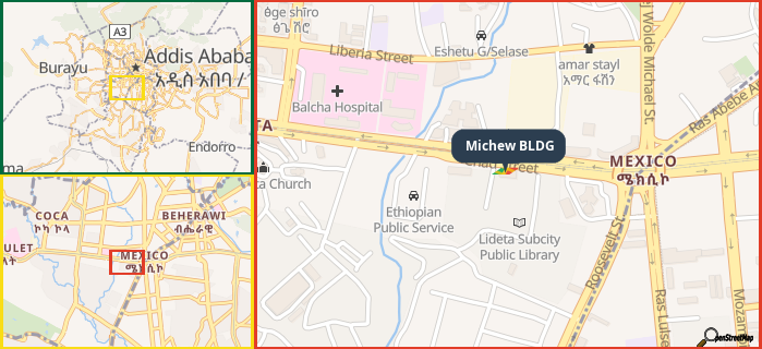 Map showing the address of Michew BLDG in three different zoom levels.