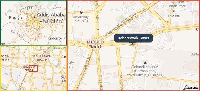 Map showing the address of Deberework Tower in three different zoom levels.