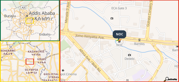 Map showing the address of NOC in three different zoom levels.