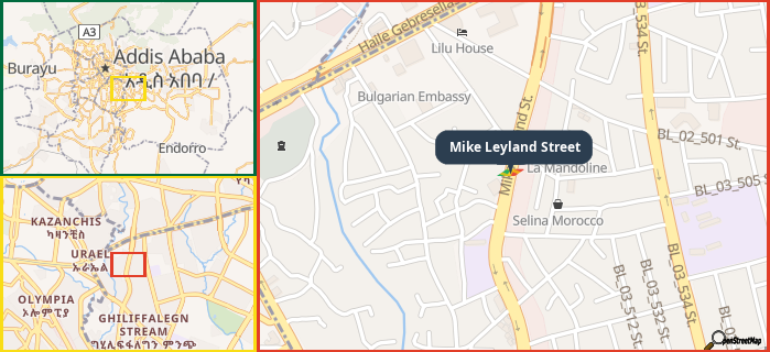 Map showing the address of Mike Leyland Street in three different zoom levels.