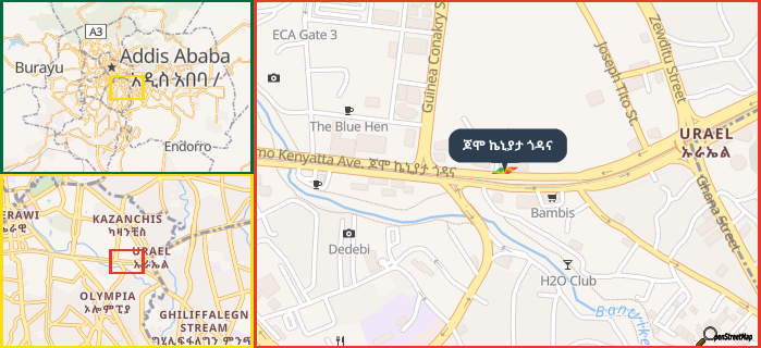 Map showing the address of ጆሞ ኬኒያታ ጎዳና in three different zoom levels.