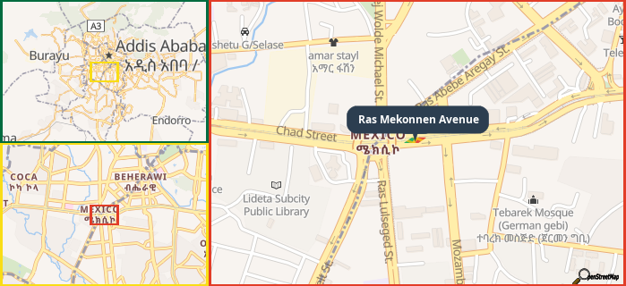 Map showing the address of Ras Mekonnen Avenue in three different zoom levels.