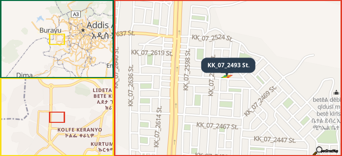 Map showing the address of KK_07_2493 St. in three different zoom levels.