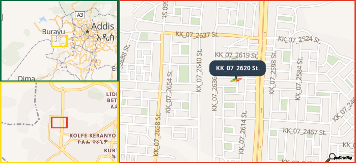 Map showing the address of KK_07_2620 St. in three different zoom levels.