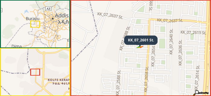 Map showing the address of KK_07_2601 St. in three different zoom levels.