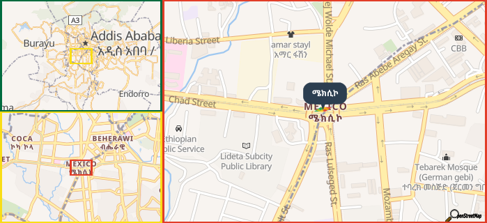 Map showing the address of ሜክሲኮ in three different zoom levels.