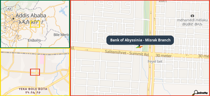 Map showing the address of Bank of Abyssinia - Misrak Branch in three different zoom levels.