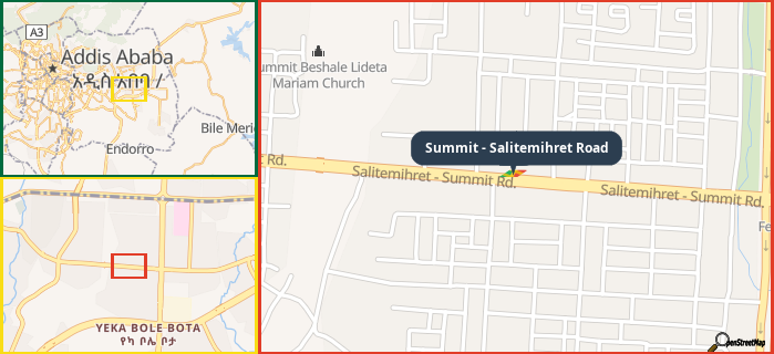 Map showing the address of Summit - Salitemihret Road in three different zoom levels.