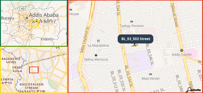 Map showing the address of BL_03_503 Street in three different zoom levels.