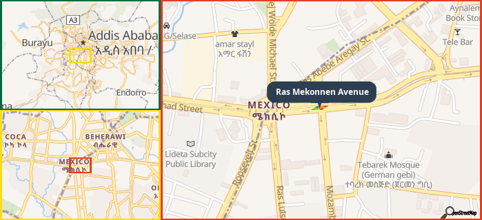 Map showing the address of Ras Mekonnen Avenue in three different zoom levels.