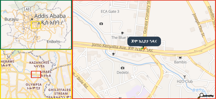 Map showing the address of ጆሞ ኬኒያታ ጎዳና in three different zoom levels.