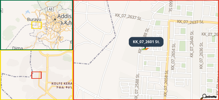 Map showing the address of KK_07_2601 St. in three different zoom levels.