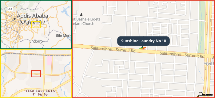 Map showing the address of Sunshine Laundry No.10 in three different zoom levels.