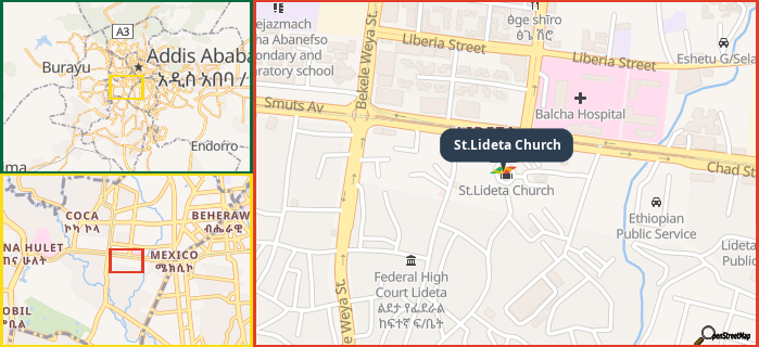 Map showing the address of St.Lideta Church in three different zoom levels.