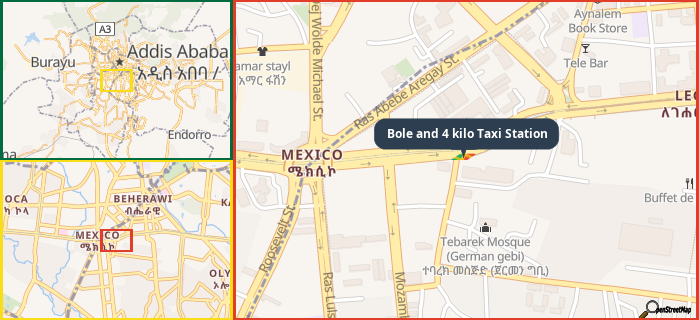 Map showing the address of Bole and 4 kilo Taxi Station in three different zoom levels.