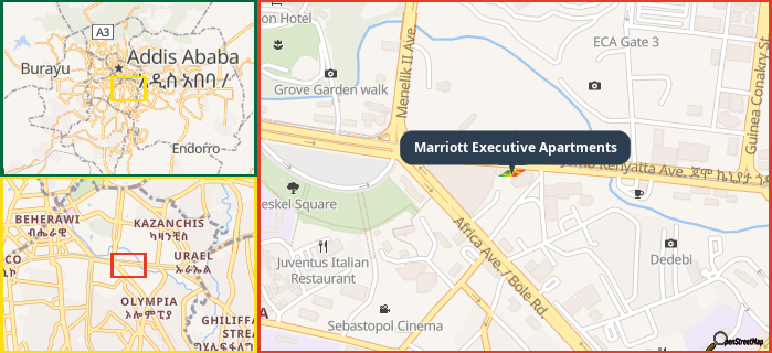 Map showing the address of Marriott Executive Apartments in three different zoom levels.