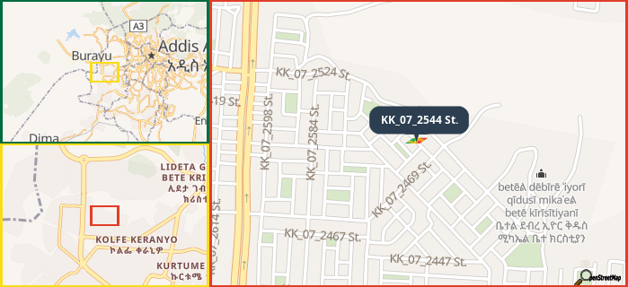 Map showing the address of KK_07_2544 St. in three different zoom levels.