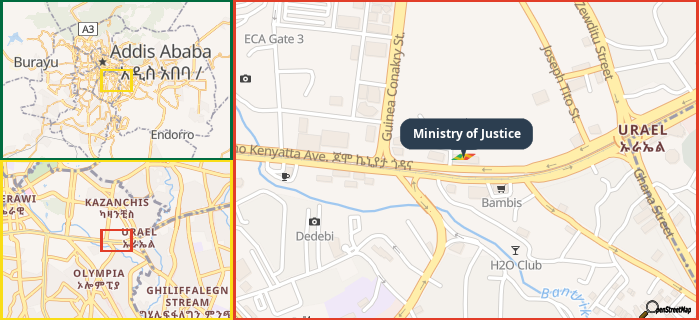 Map showing the address of Ministry of Justice in three different zoom levels.