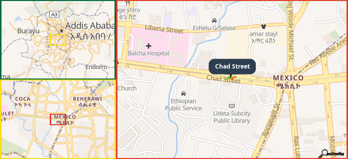 Map showing the address of Chad Street in three different zoom levels.