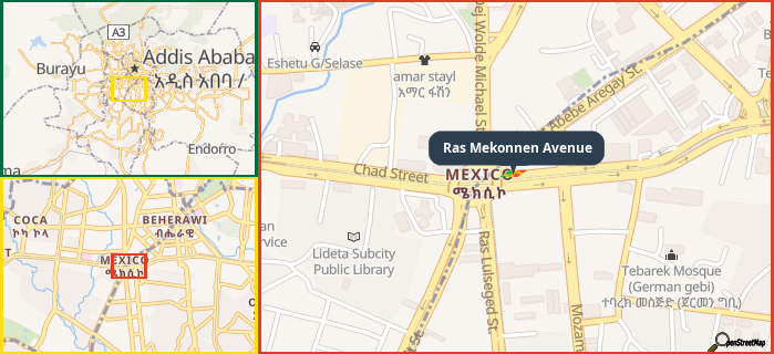 Map showing the address of Ras Mekonnen Avenue in three different zoom levels.
