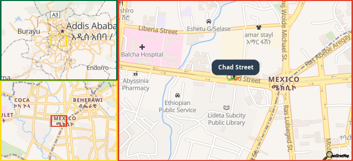 Map showing the address of Chad Street in three different zoom levels.