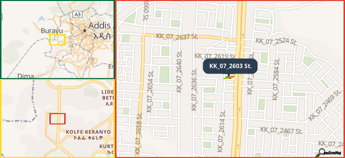 Map showing the address of KK_07_2603 St. in three different zoom levels.