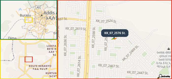 Map showing the address of KK_07_2576 St. in three different zoom levels.