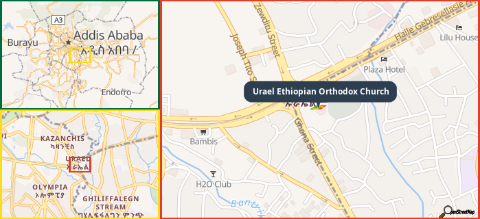 Map showing the address of Urael Ethiopian Orthodox Church in three different zoom levels.