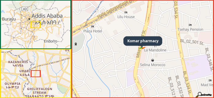 Map showing the address of Komar pharmacy in three different zoom levels.