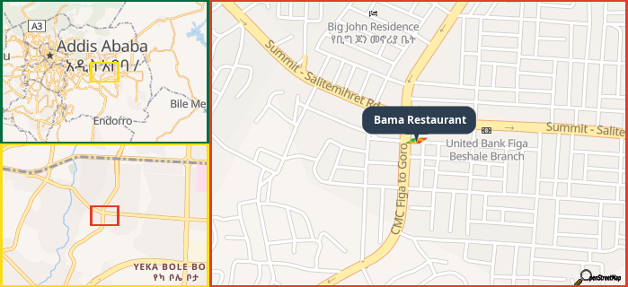 Map showing the address of Bama Restaurant in three different zoom levels.