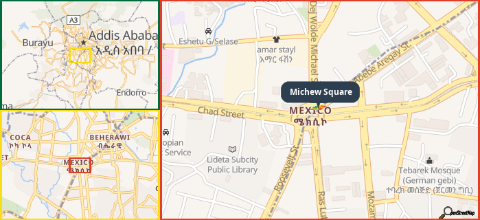 Map showing the address of Michew Square in three different zoom levels.