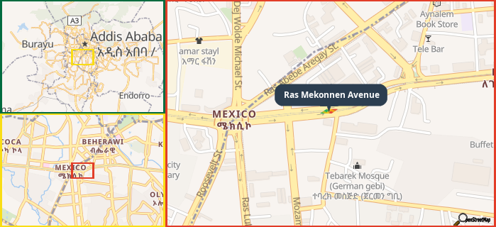 Map showing the address of Ras Mekonnen Avenue in three different zoom levels.