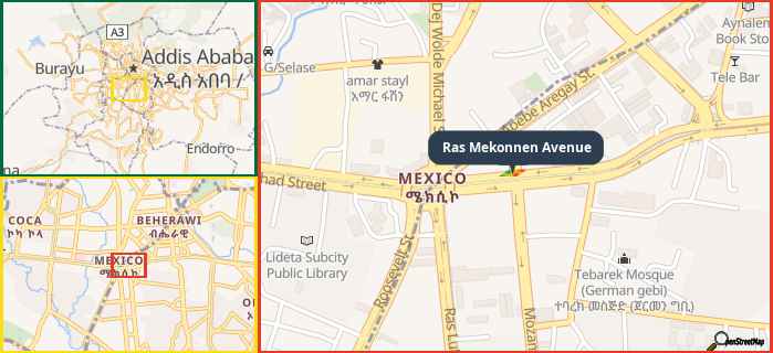 Map showing the address of Ras Mekonnen Avenue in three different zoom levels.