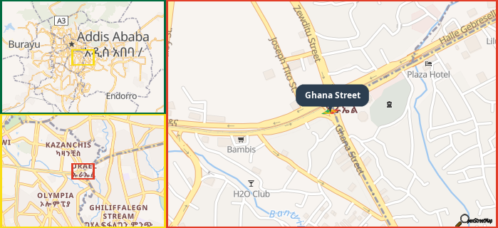 Map showing the address of Ghana Street in three different zoom levels.