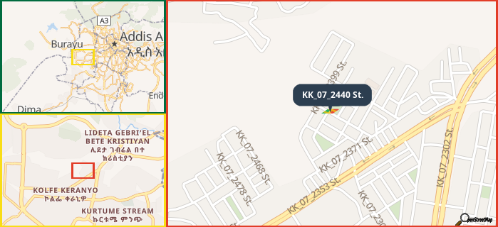 Map showing the address of KK_07_2440 St. in three different zoom levels.