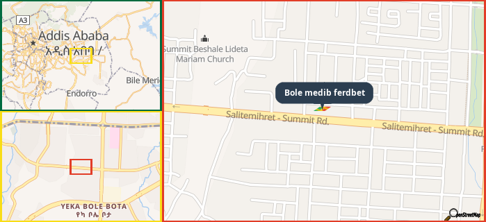 Map showing the address of Bole medib ferdbet in three different zoom levels.