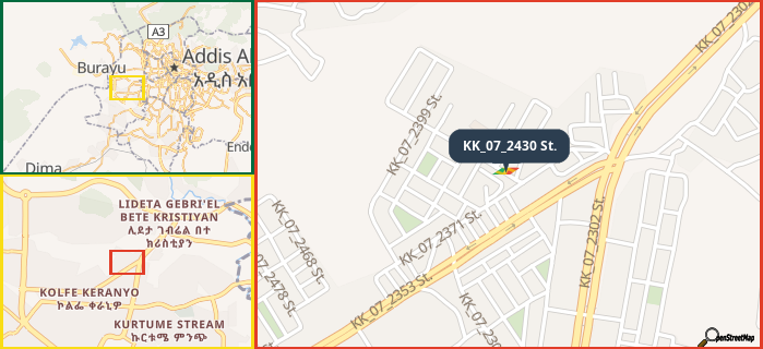 Map showing the address of KK_07_2430 St. in three different zoom levels.