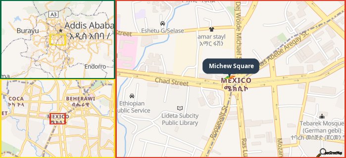 Map showing the address of Michew Square in three different zoom levels.