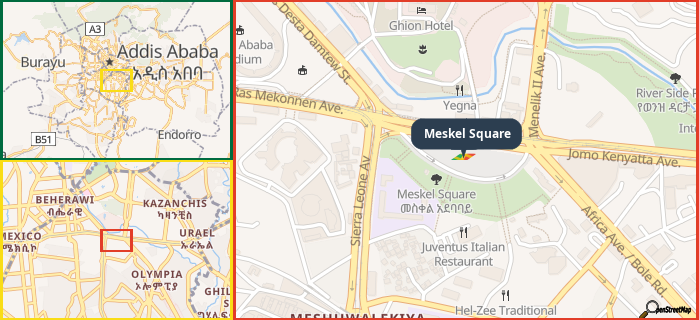 Map showing the address of Meskel Square in three different zoom levels.